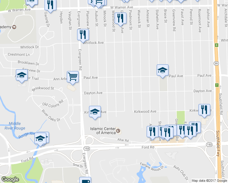 map of restaurants, bars, coffee shops, grocery stores, and more near 6201 Westwood St in Detroit