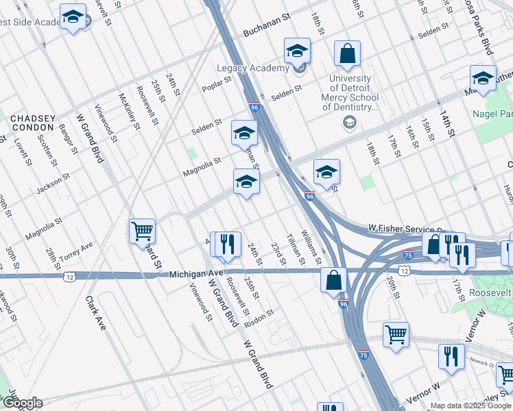 map of restaurants, bars, coffee shops, grocery stores, and more near 3336 23rd Street in Detroit