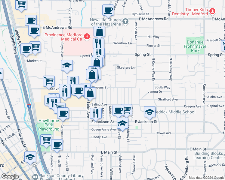 map of restaurants, bars, coffee shops, grocery stores, and more near 542 Marie Street in Medford