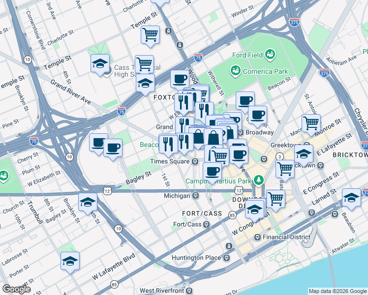 map of restaurants, bars, coffee shops, grocery stores, and more near 238 Bagley Avenue in Detroit