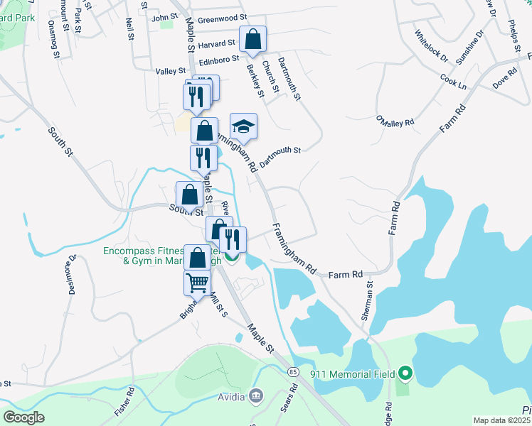map of restaurants, bars, coffee shops, grocery stores, and more near 151 Framingham Road in Marlborough