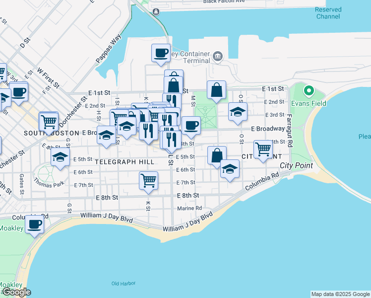 map of restaurants, bars, coffee shops, grocery stores, and more near 309 Emerson Street in Boston
