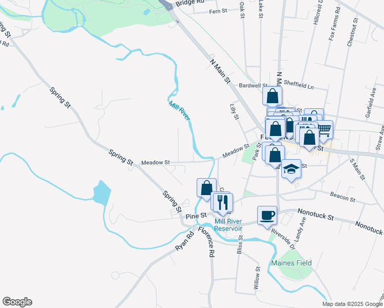 map of restaurants, bars, coffee shops, grocery stores, and more near 123 Meadow Street in Northampton