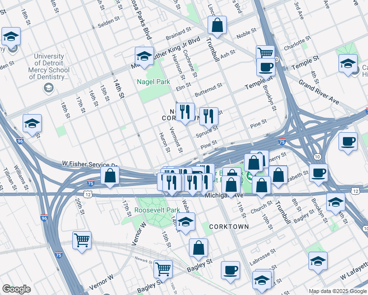 map of restaurants, bars, coffee shops, grocery stores, and more near 2628 Vermont St in Detroit