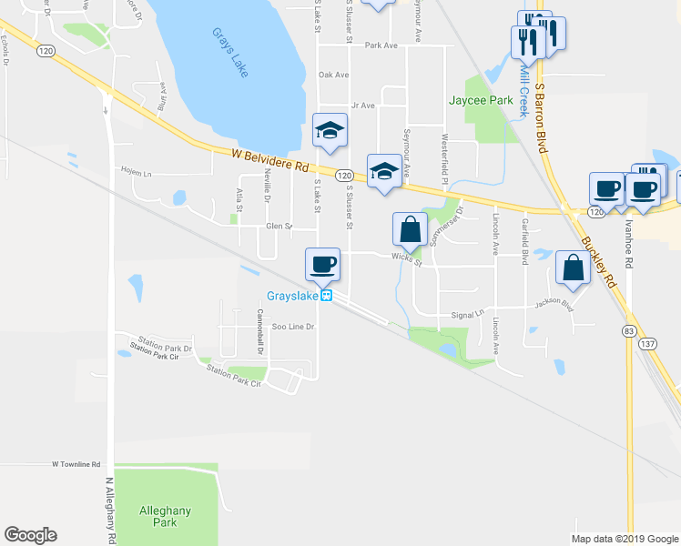 map of restaurants, bars, coffee shops, grocery stores, and more near 414 South Slusser Street in Grayslake