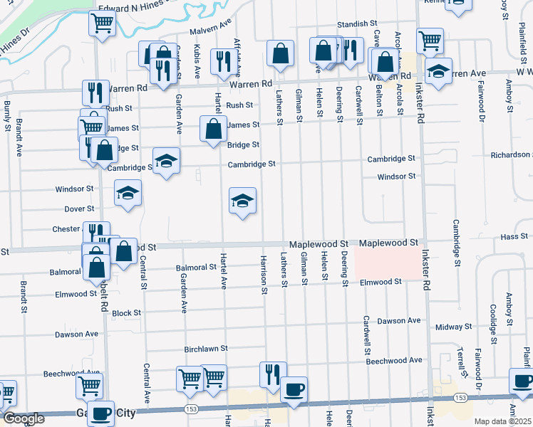 map of restaurants, bars, coffee shops, grocery stores, and more near 6530 Harrison Road in Garden City