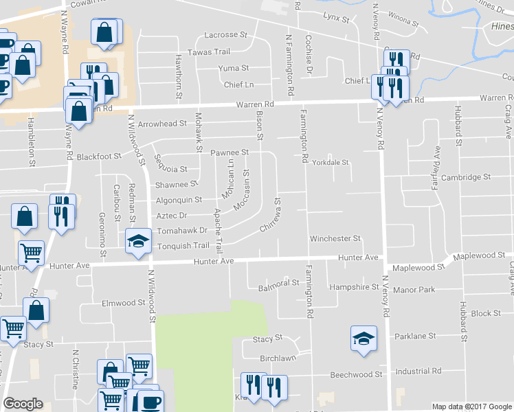 map of restaurants, bars, coffee shops, grocery stores, and more near 6771 Bison Street in Westland