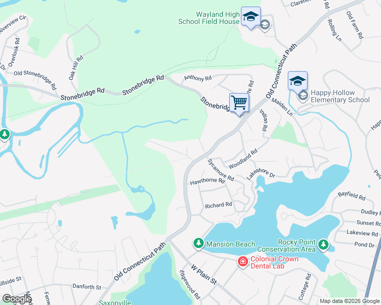 map of restaurants, bars, coffee shops, grocery stores, and more near 9 Ravine Road in Wayland