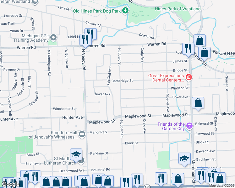 map of restaurants, bars, coffee shops, grocery stores, and more near 6641 Hubbard Street in Garden City
