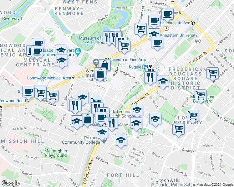 map of restaurants, bars, coffee shops, grocery stores, and more near 31 Prentiss Street in Boston