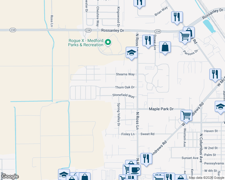 map of restaurants, bars, coffee shops, grocery stores, and more near 2465 Thorn Oak Drive in Medford