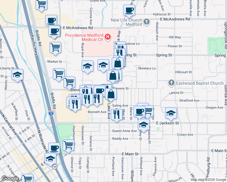 map of restaurants, bars, coffee shops, grocery stores, and more near 545 Mary Street in Medford
