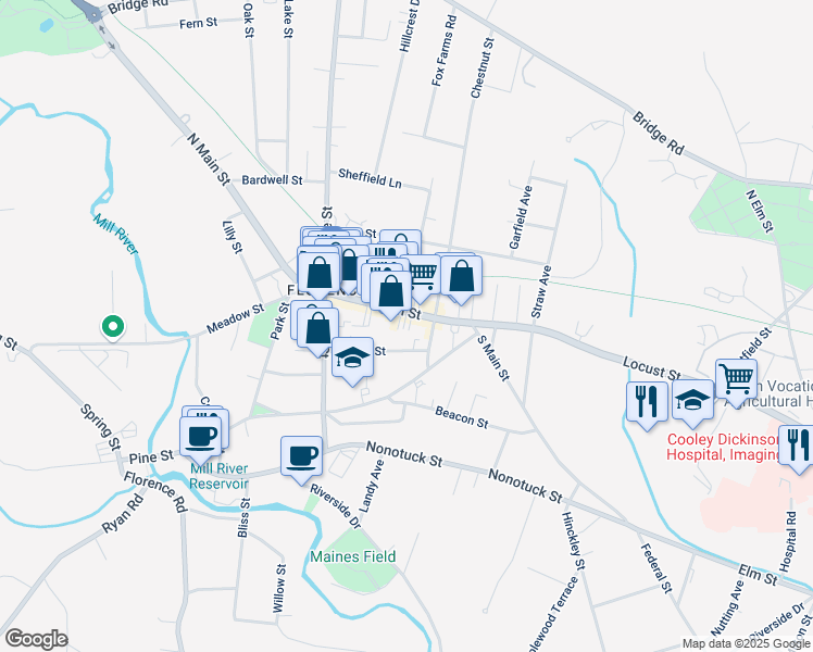 map of restaurants, bars, coffee shops, grocery stores, and more near 32 Main Street in Northampton