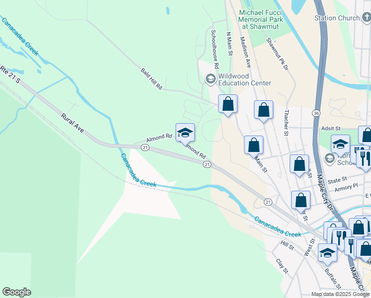 map of restaurants, bars, coffee shops, grocery stores, and more near 1099 State Route 21 in Hornell