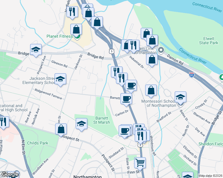 map of restaurants, bars, coffee shops, grocery stores, and more near 25 Denise Court in Northampton