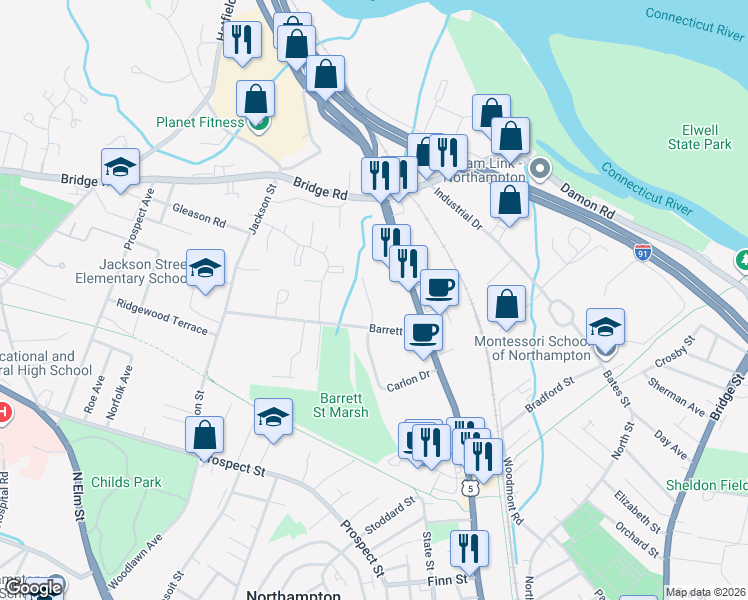 map of restaurants, bars, coffee shops, grocery stores, and more near 25 Denise Ct in Northampton