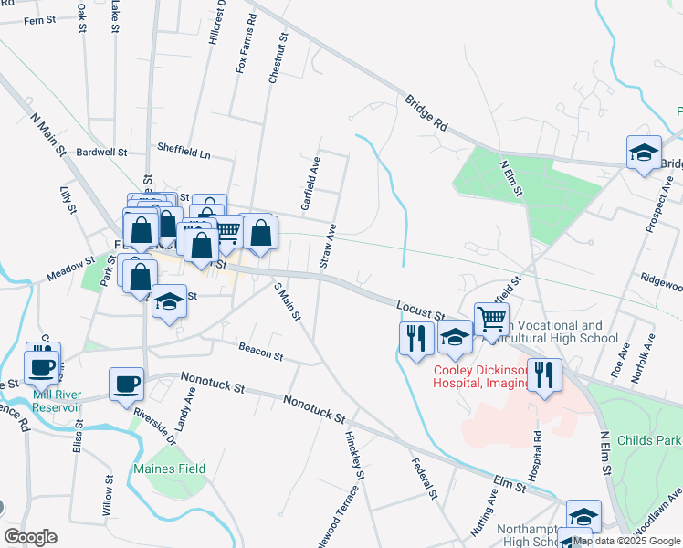 map of restaurants, bars, coffee shops, grocery stores, and more near 213 Locust Street in Northampton