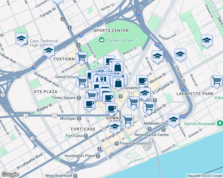 map of restaurants, bars, coffee shops, grocery stores, and more near 1001 Library Street in Detroit