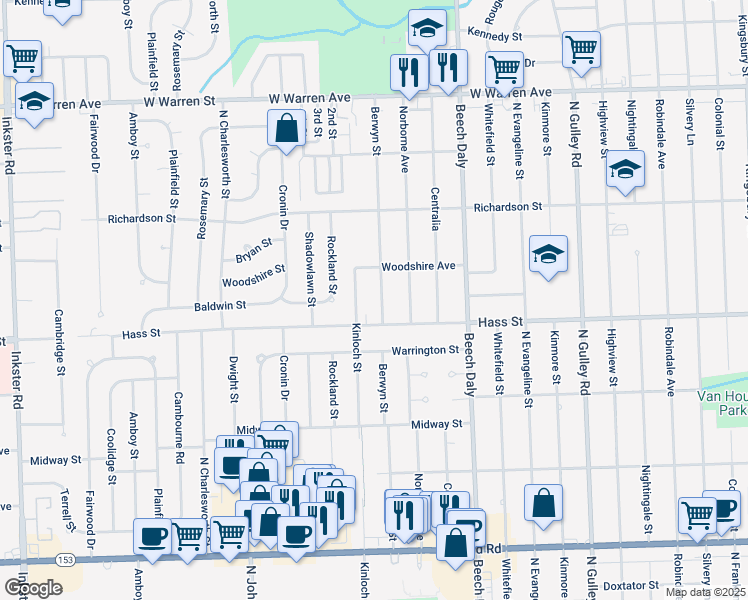 map of restaurants, bars, coffee shops, grocery stores, and more near 6459 Berwyn St in Dearborn Heights