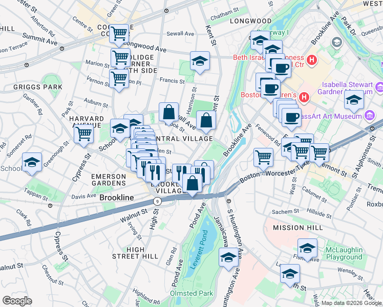 map of restaurants, bars, coffee shops, grocery stores, and more near 96 Kent Street in Brookline