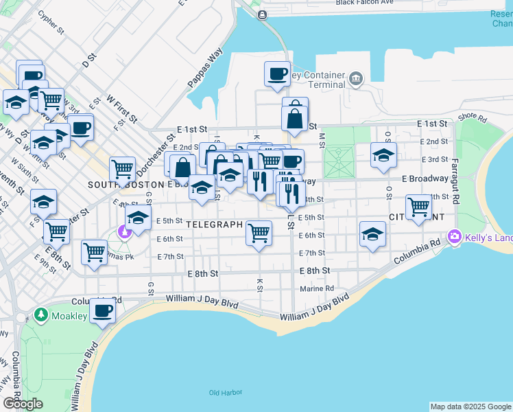 map of restaurants, bars, coffee shops, grocery stores, and more near 689 East 4th Street in Boston