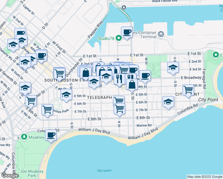 map of restaurants, bars, coffee shops, grocery stores, and more near 657 East 4th Street in Boston