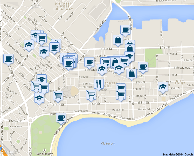 map of restaurants, bars, coffee shops, grocery stores, and more near 96 H Street in Boston