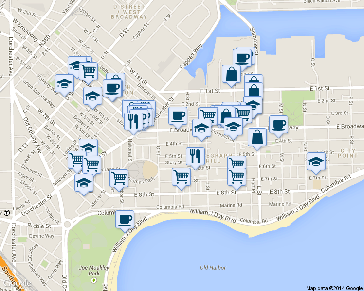 map of restaurants, bars, coffee shops, grocery stores, and more near 96 H Street in Boston