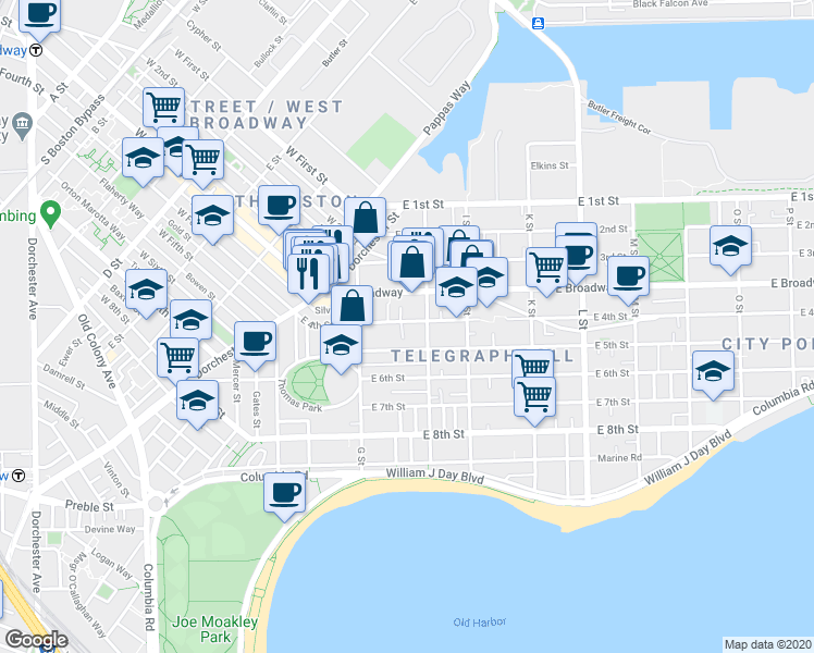 map of restaurants, bars, coffee shops, grocery stores, and more near 543 East 4th Street in Boston