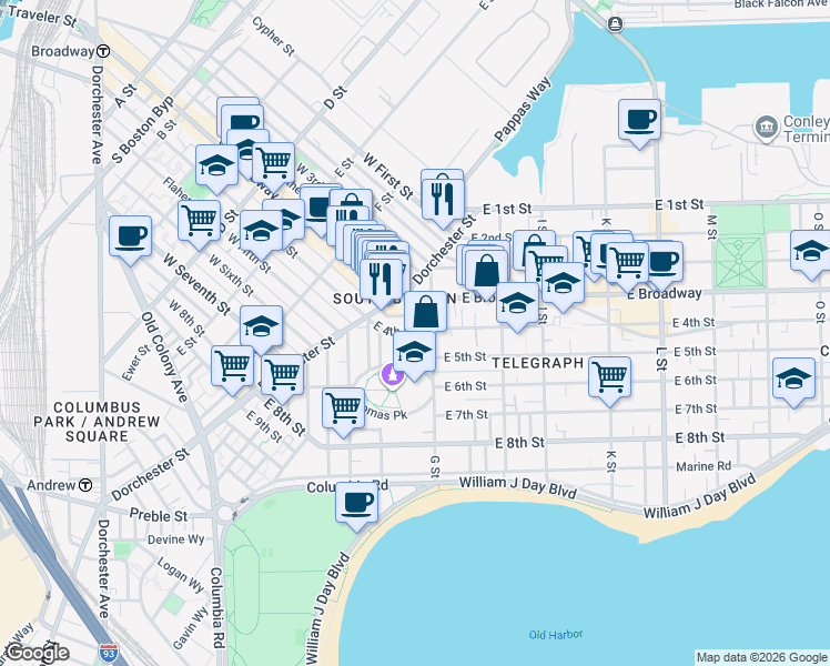 map of restaurants, bars, coffee shops, grocery stores, and more near 43 G Street in Boston