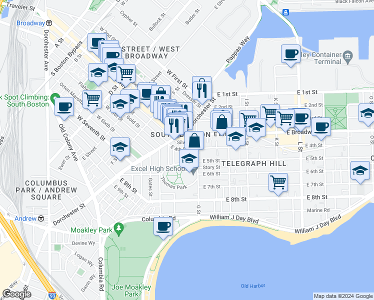 map of restaurants, bars, coffee shops, grocery stores, and more near 43 G Street in Boston