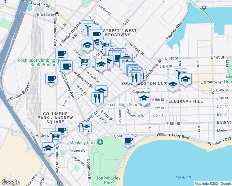 map of restaurants, bars, coffee shops, grocery stores, and more near 256 West Sixth Street in Boston
