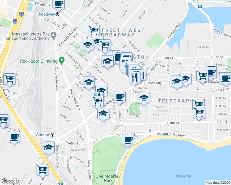 map of restaurants, bars, coffee shops, grocery stores, and more near 256 West Sixth Street in Boston