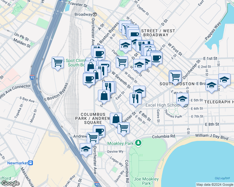 map of restaurants, bars, coffee shops, grocery stores, and more near 188 E Street in Boston