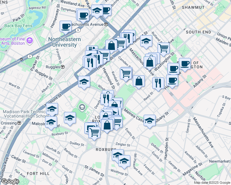 map of restaurants, bars, coffee shops, grocery stores, and more near in Boston