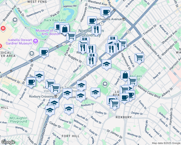 map of restaurants, bars, coffee shops, grocery stores, and more near 1199 Tremont Street in Boston