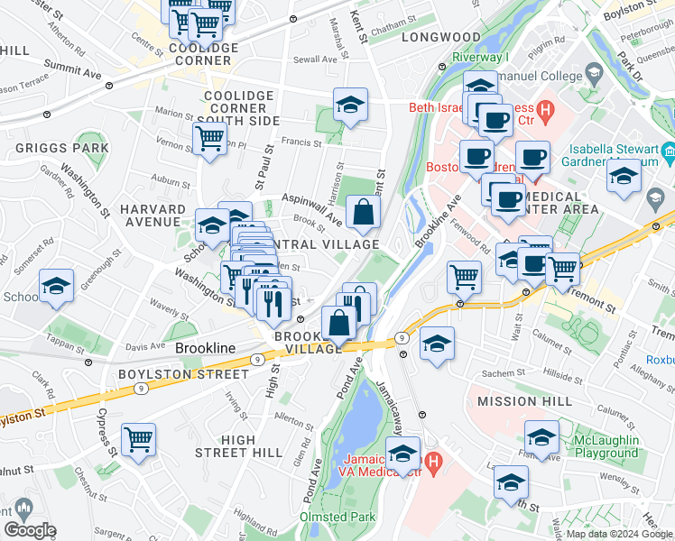 map of restaurants, bars, coffee shops, grocery stores, and more near 96 Kent Street in Brookline