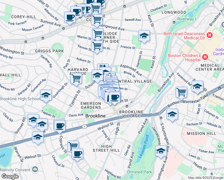 map of restaurants, bars, coffee shops, grocery stores, and more near 11 Pierce Street in Brookline
