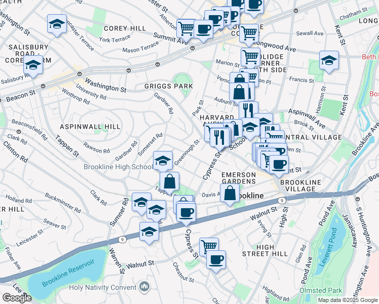 map of restaurants, bars, coffee shops, grocery stores, and more near 34 Greenough Street in Brookline