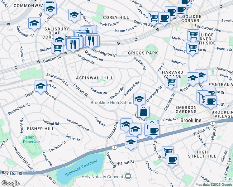 map of restaurants, bars, coffee shops, grocery stores, and more near 171 Gardner Road in Brookline