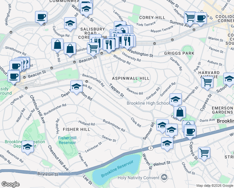 map of restaurants, bars, coffee shops, grocery stores, and more near 246 Tappan Street in Brookline