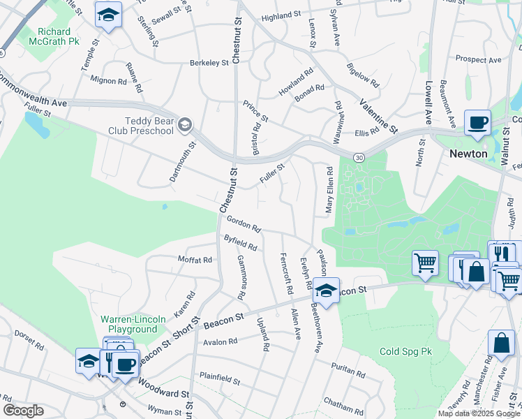 map of restaurants, bars, coffee shops, grocery stores, and more near 70 Helene Road in Newton