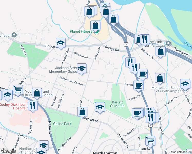 map of restaurants, bars, coffee shops, grocery stores, and more near 99 Barrett Street in Northampton