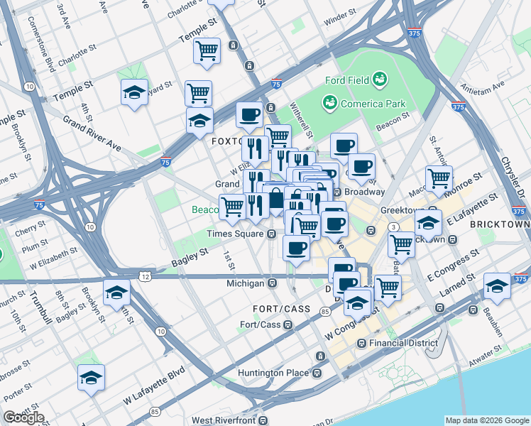 map of restaurants, bars, coffee shops, grocery stores, and more near 415 Clifford Street in Detroit