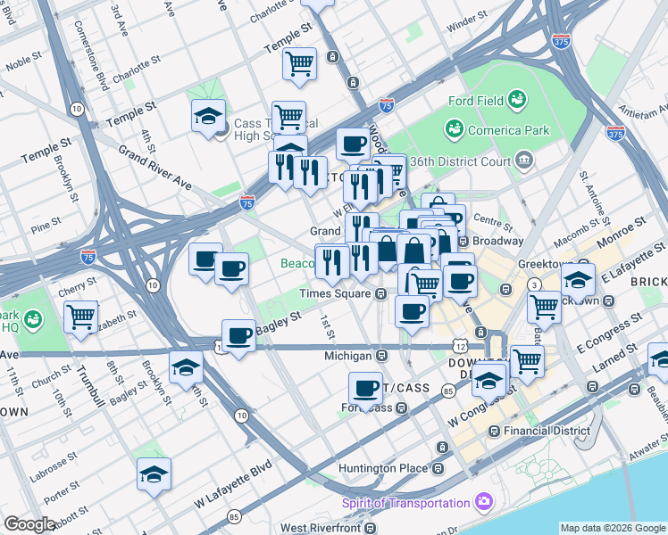 map of restaurants, bars, coffee shops, grocery stores, and more near 1901 Grand River Avenue in Detroit