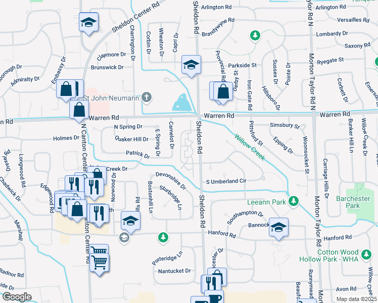 map of restaurants, bars, coffee shops, grocery stores, and more near 6955 Harvard Lane in Canton