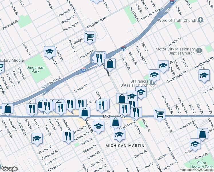 map of restaurants, bars, coffee shops, grocery stores, and more near 6351 Pelouze St in Detroit