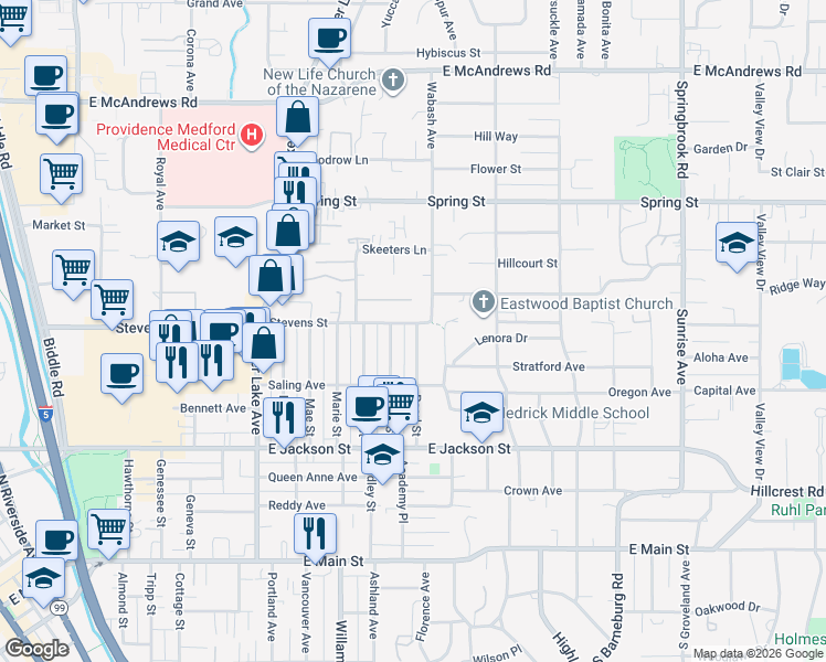 map of restaurants, bars, coffee shops, grocery stores, and more near 545 Pearl Street in Medford