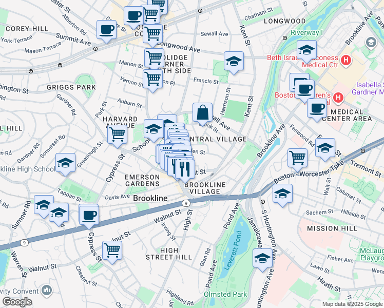 map of restaurants, bars, coffee shops, grocery stores, and more near 19 Linden Street in Brookline