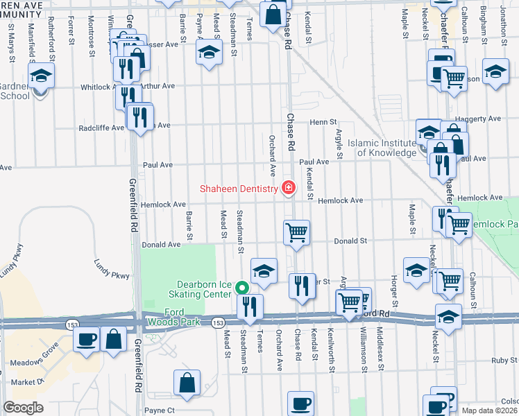 map of restaurants, bars, coffee shops, grocery stores, and more near 6146 Ternes in Dearborn